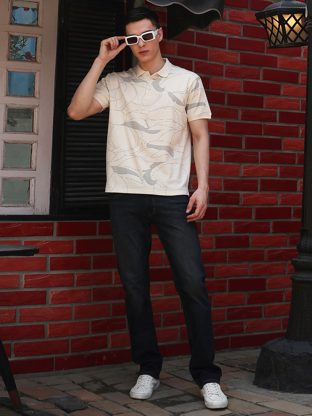 White Floral Print Polo Neck T-Shirt