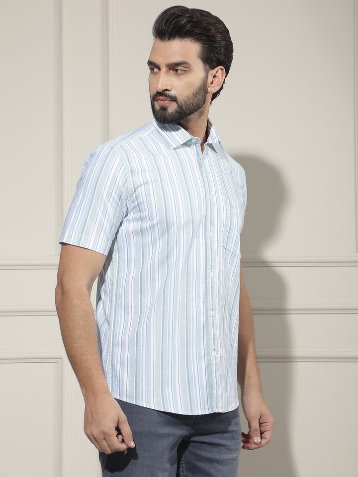 Green Vertical Striped 100% Cotton Shirt