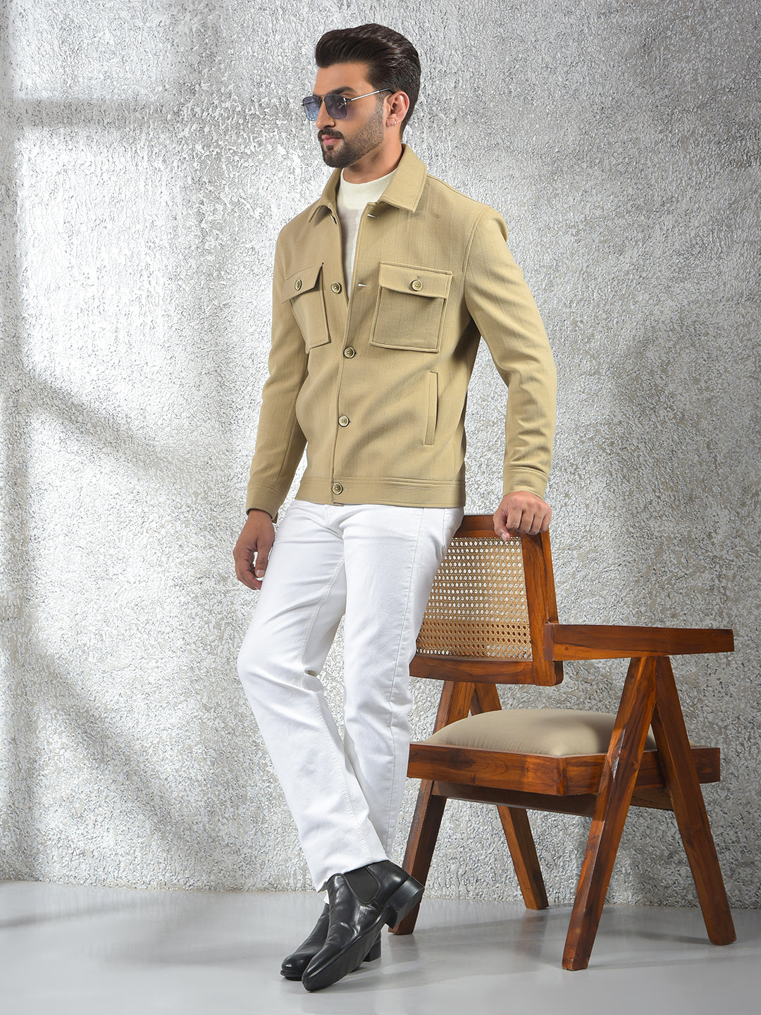 Beige Vertical Stripes Double Front-Pocket Shacket
