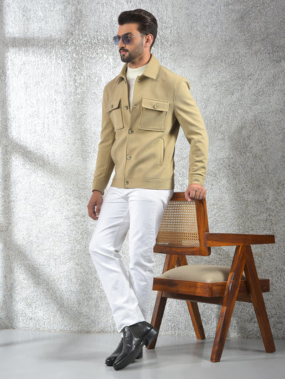 Beige Vertical Stripes Double Front-Pocket Shacket
