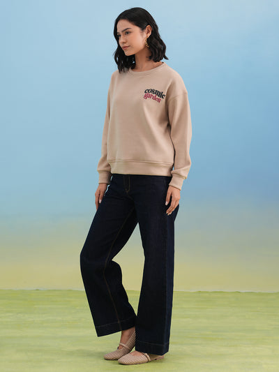 Beige Typographic Print Sweatshirt