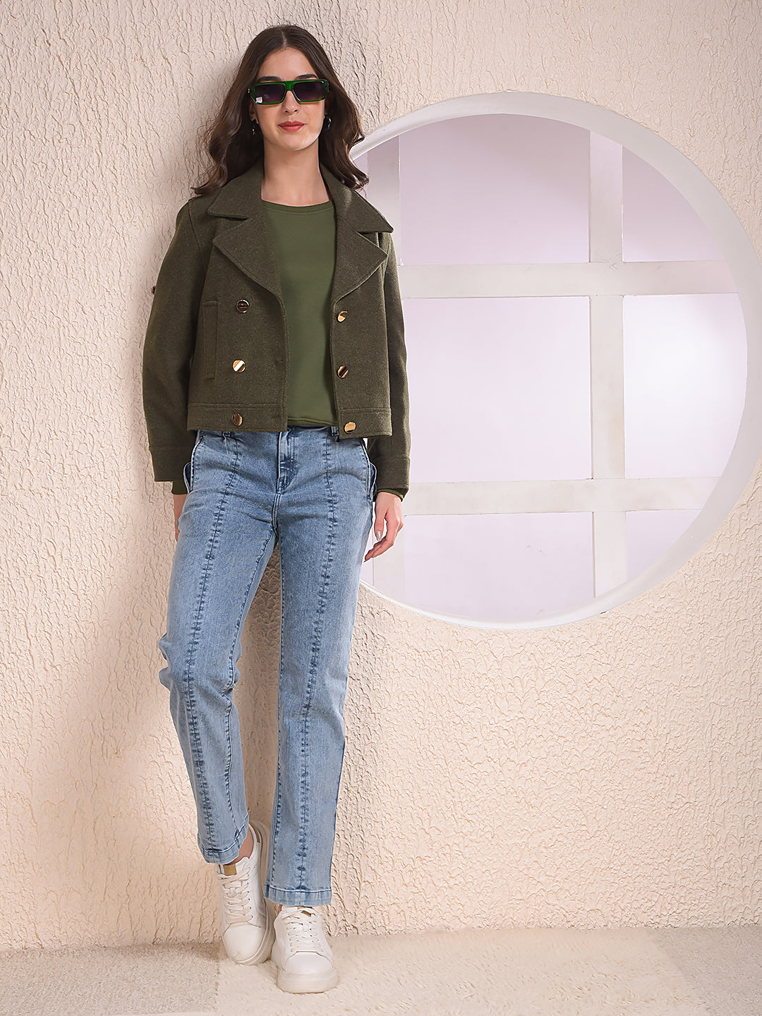 Olive Notched Lapel Double-Breasted Coat