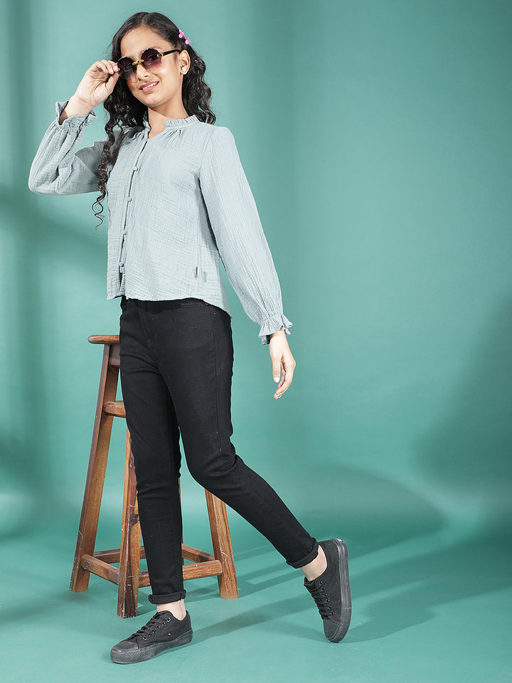 Green Textured V-Neck Top