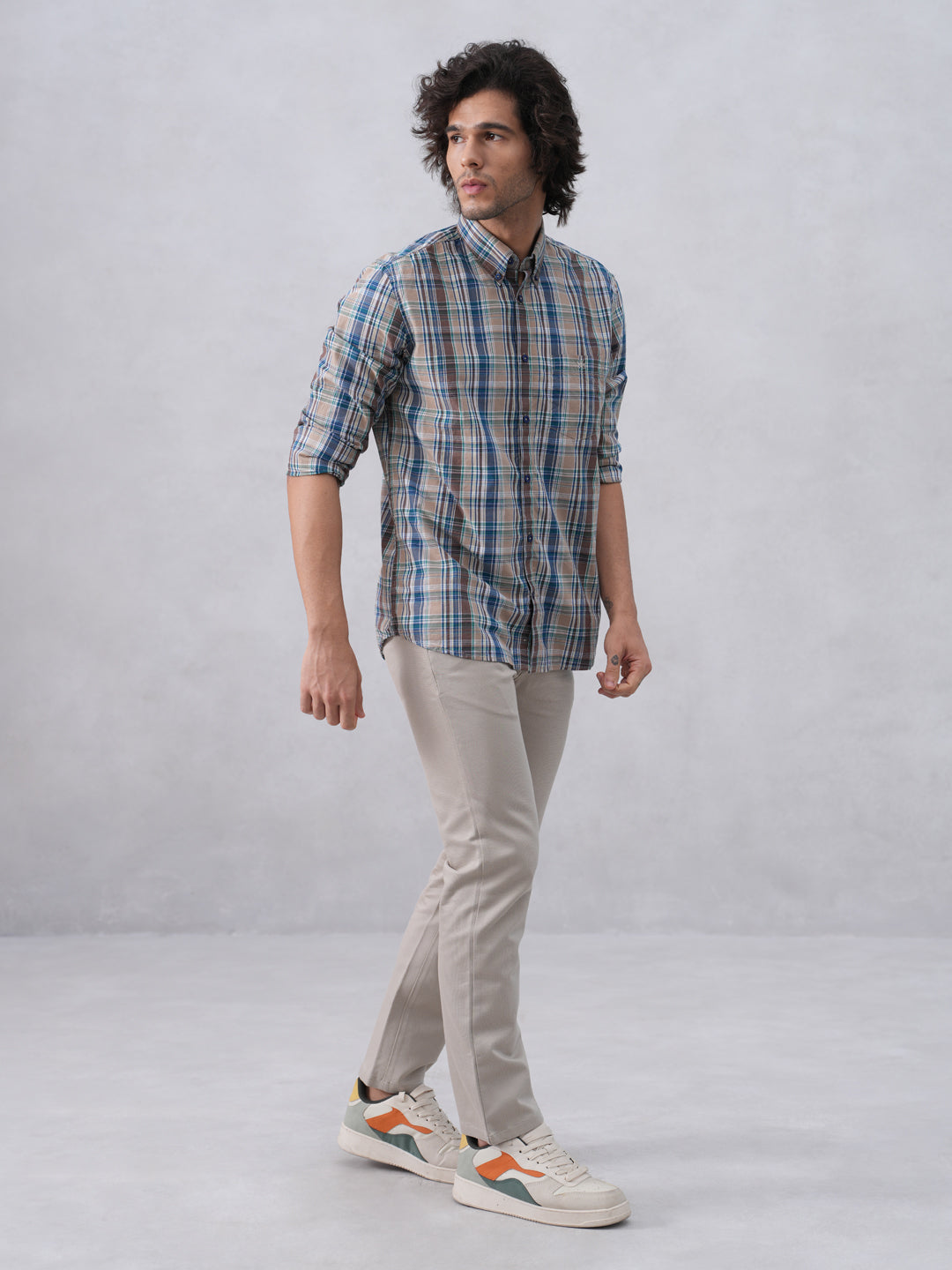 Brown Checked 100% Cotton Button-Down Collar Shirt