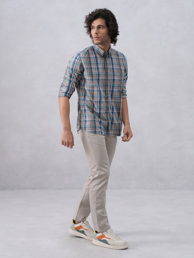 Brown Checked 100% Cotton Button-Down Collar Shirt
