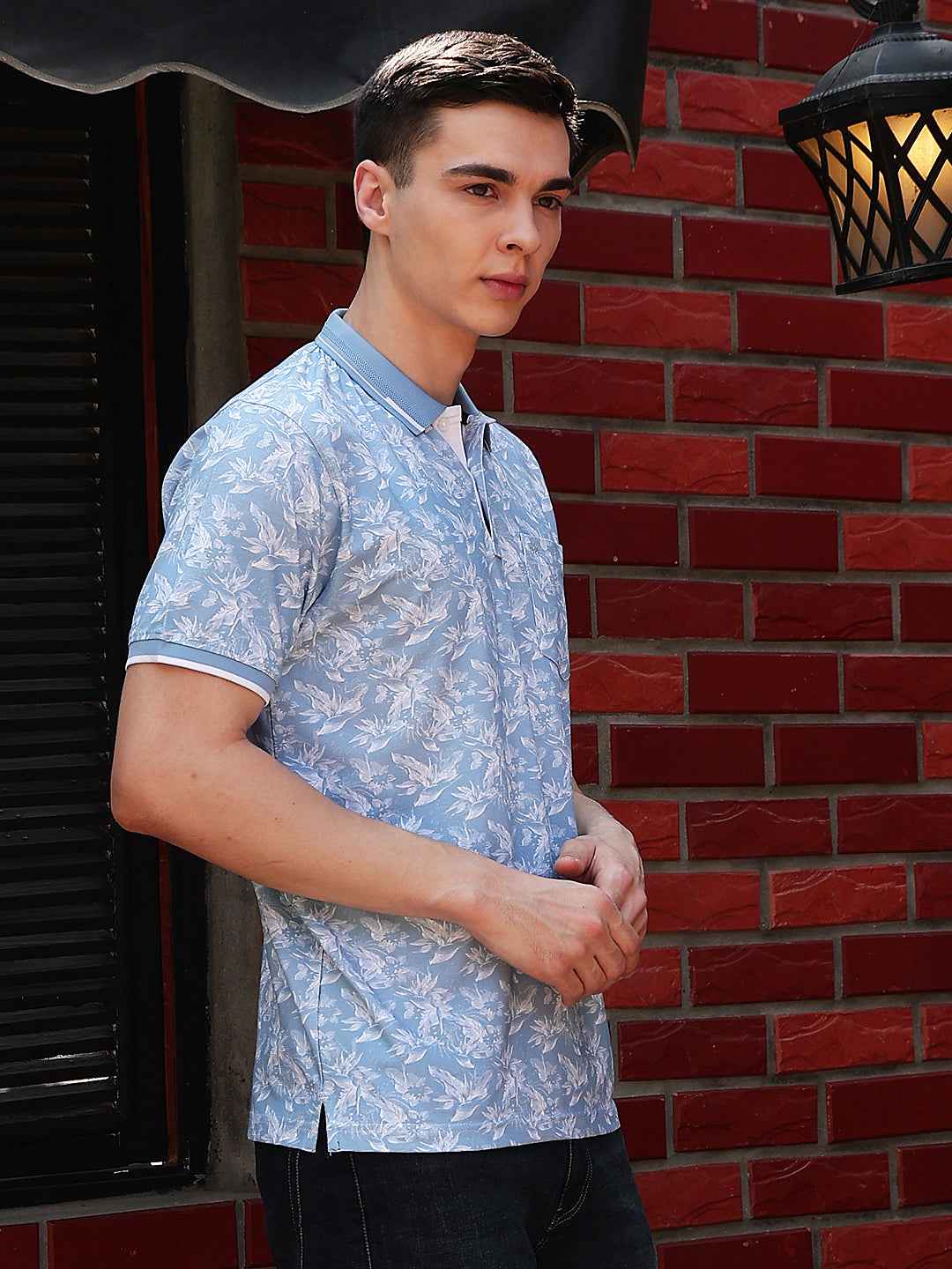 Blue Floral Print Polo Neck T-Shirt