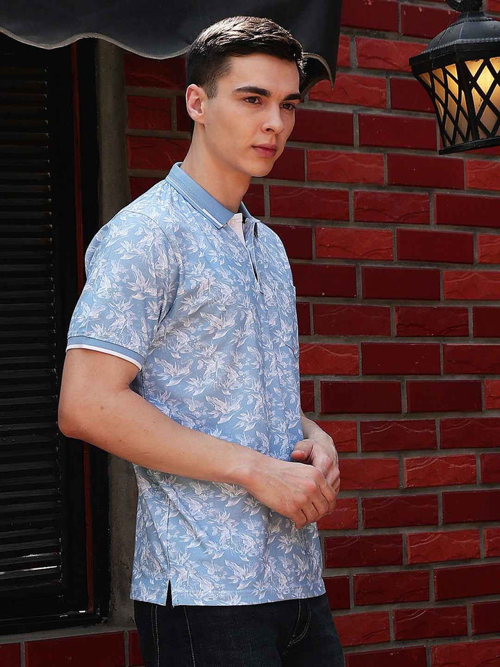 Blue Floral Print Polo Neck T-Shirt
