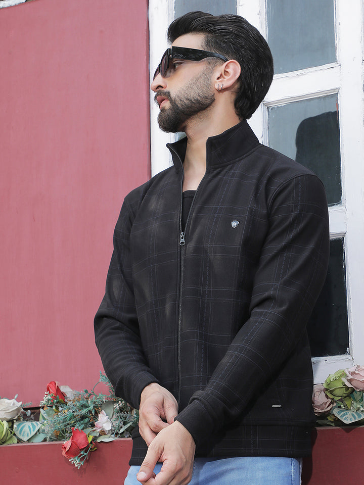 Black Checked Front Open Sweatshirt