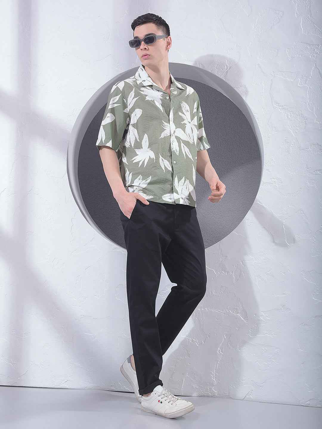 Green Floral Print Resort-Collar Shirt