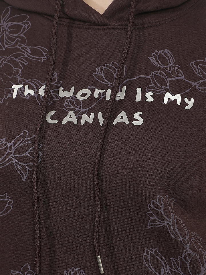 Brown Floral Print Hooded Neck Sweatshirt
