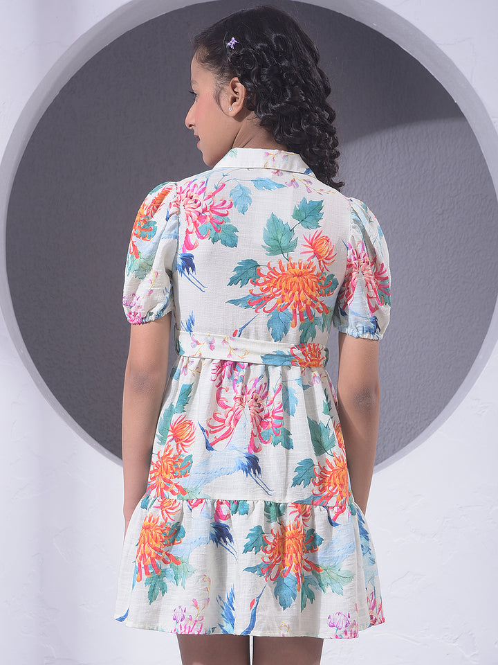 Green Floral Print Mini Shirt Dress With Belt