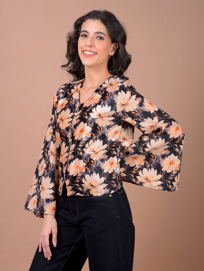 Peach Floral Print V-Neck Top