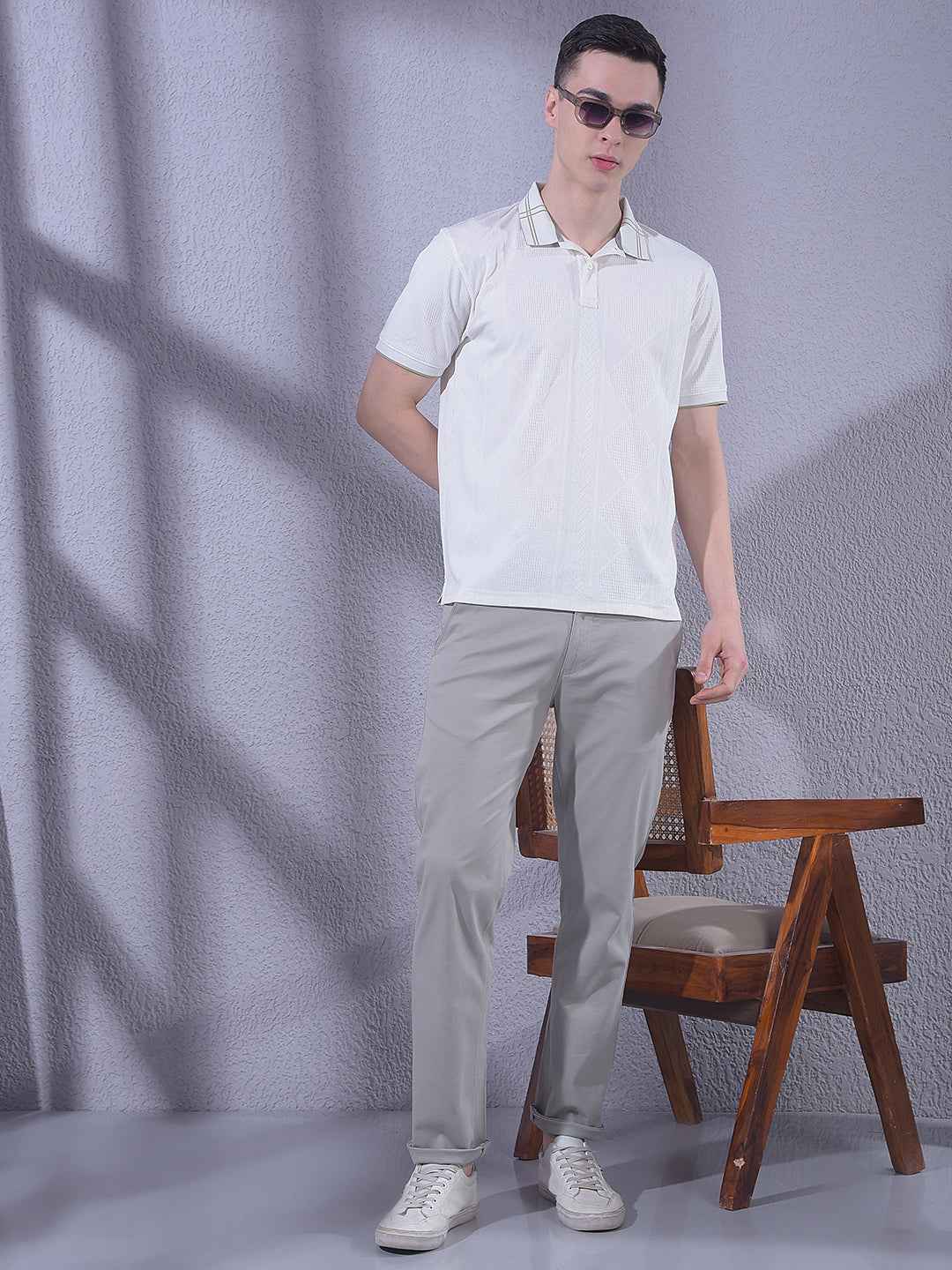 White Jacquard Polo Neck T-Shirt