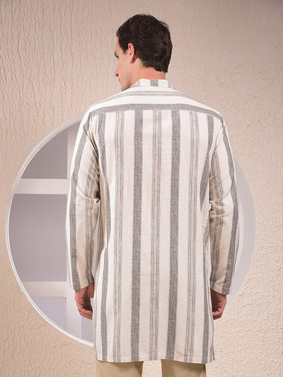 Beige Vertical Stripes Linen Straight Kurta