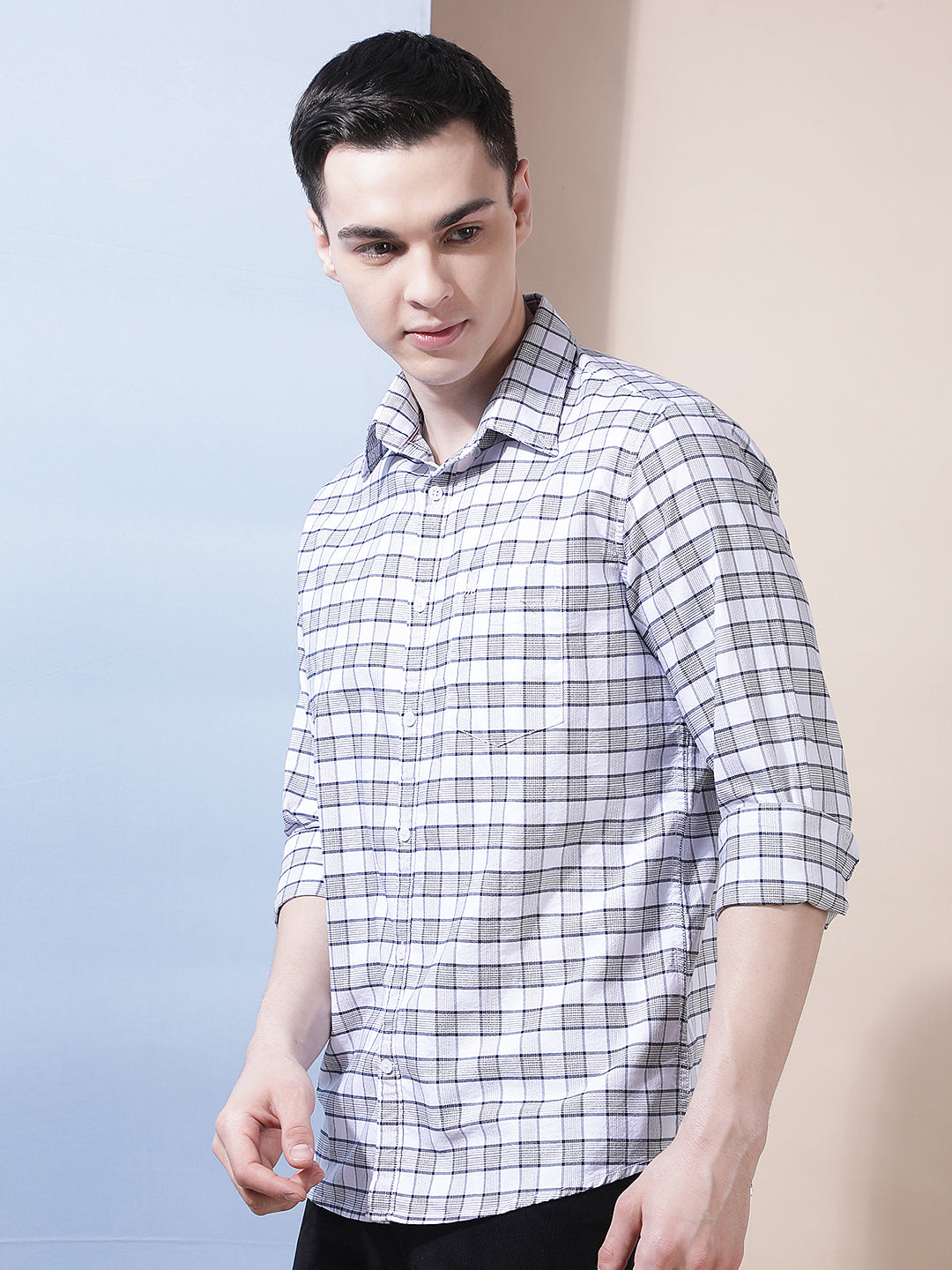 White Checked Button-Down Collar 100% Cotton Shirt