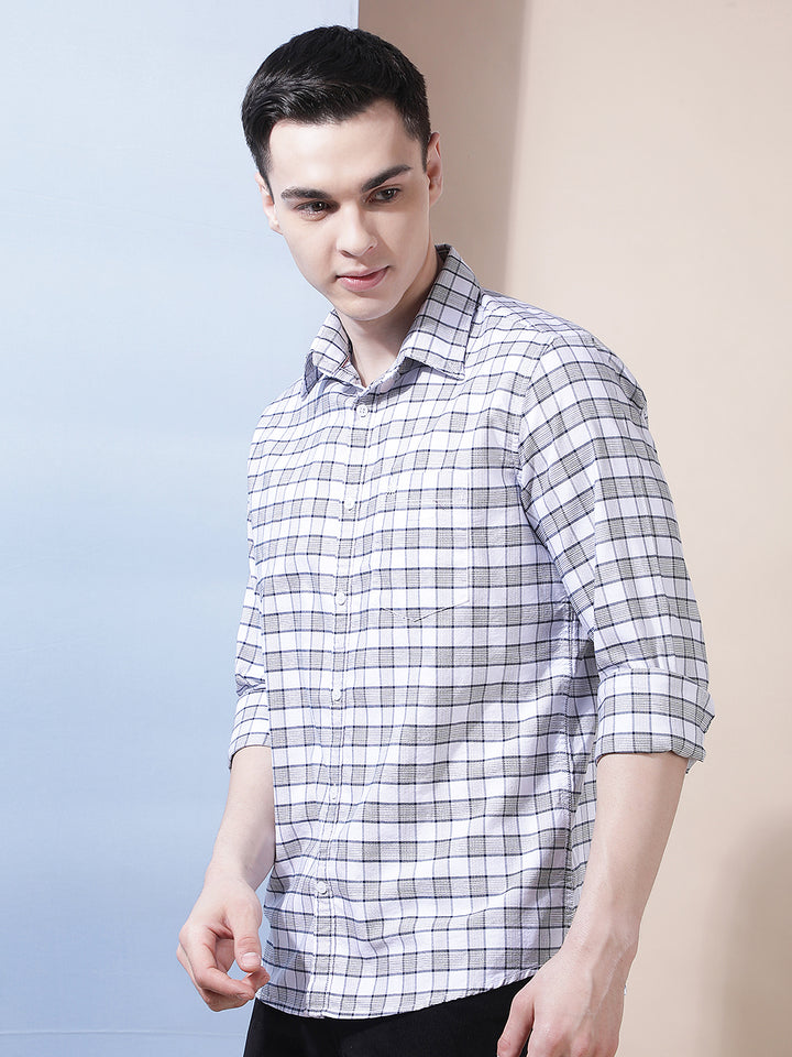 White Checked Button-Down Collar 100% Cotton Shirt