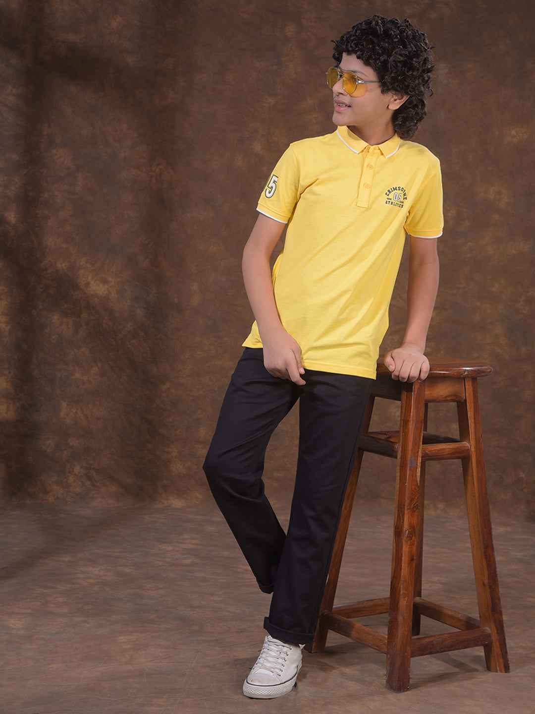 Yellow Typographic Print Polo Neck T-Shirt