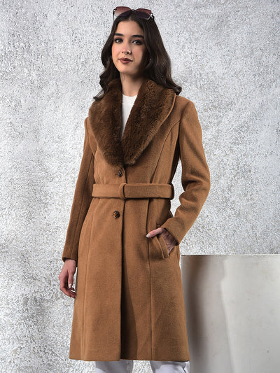 Brown Notched Lapel Overcoat With Belt