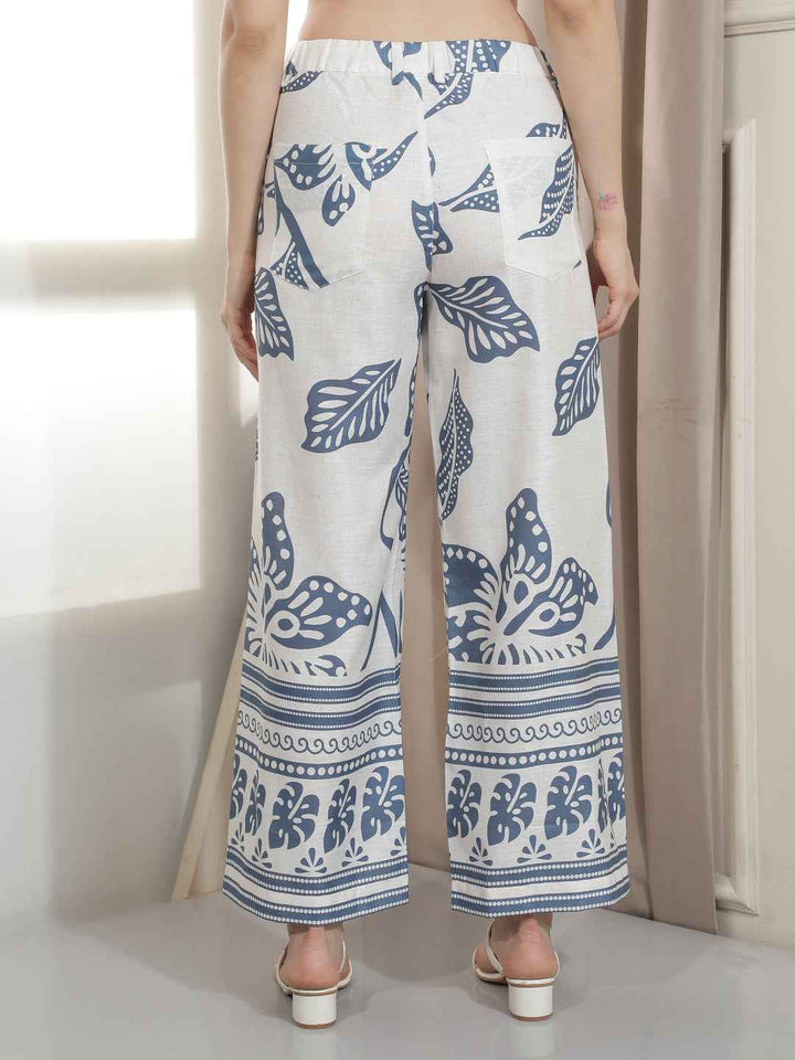 Blue Floral Print Straight Trousers