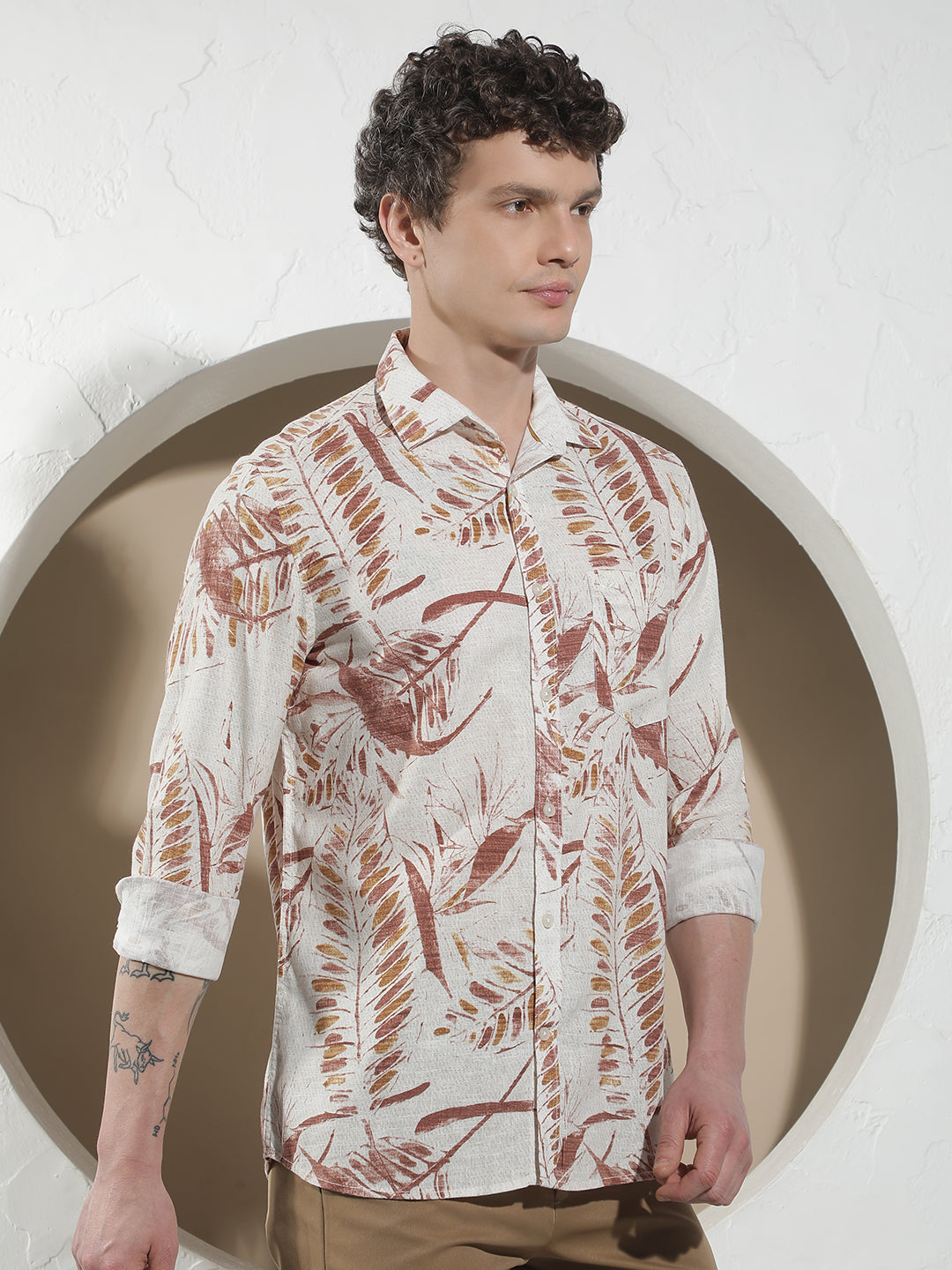 Red Botanical Print Linen Shirt