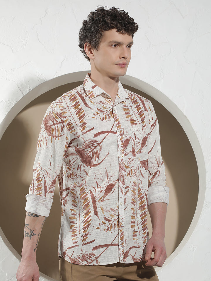 Red Botanical Print Linen Shirt