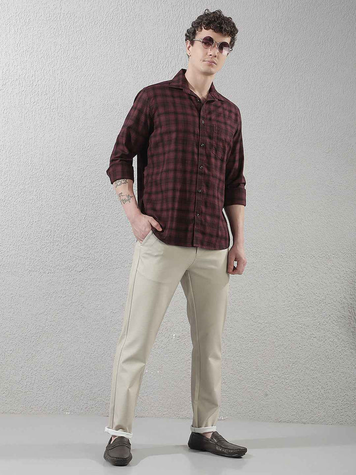 100% Cotton Maroon Checked Shirt