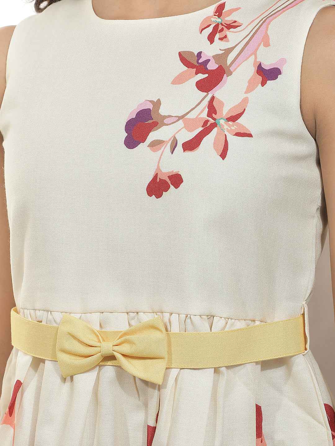 Yellow Floral Printed Above knee Length Dress with Belt