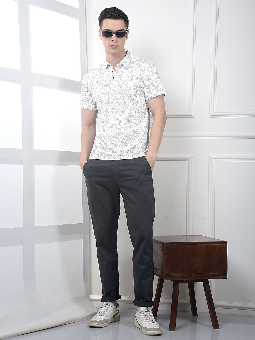 Grey Printed Polo Neck T-Shirt-Men T-Shirts-Crimsoune Club