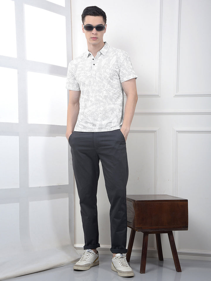 Grey Printed Polo Neck T-Shirt-Men T-Shirts-Crimsoune Club