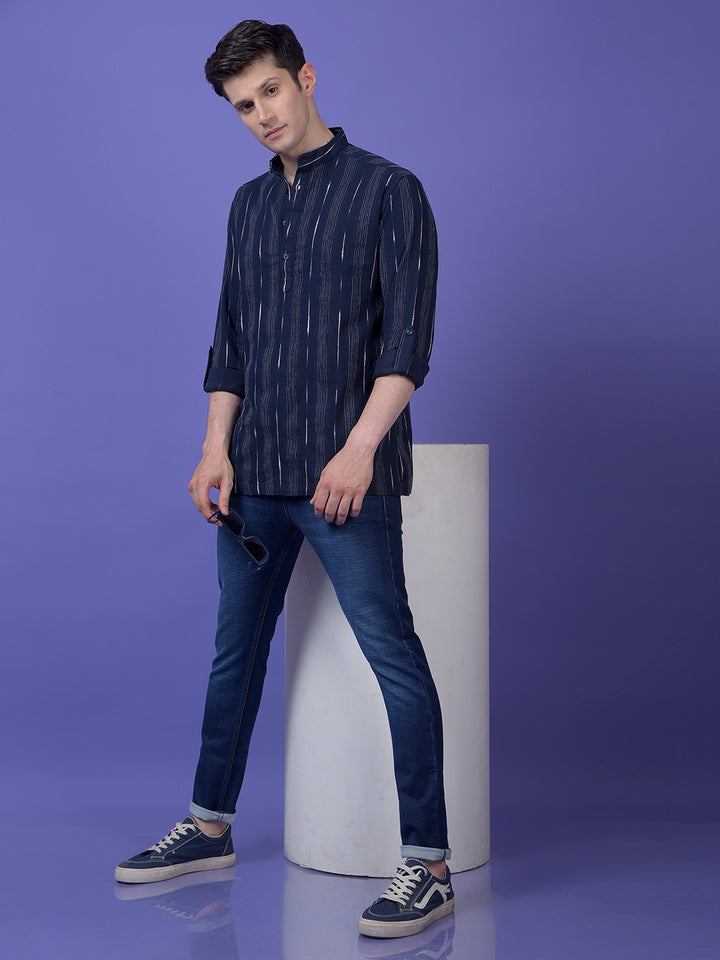 Navy Blue Vertical Stripes 100% Cotton Kurta
