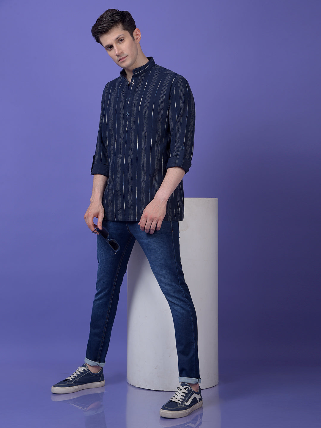 Navy Blue Vertical Stripes 100% Cotton Kurta