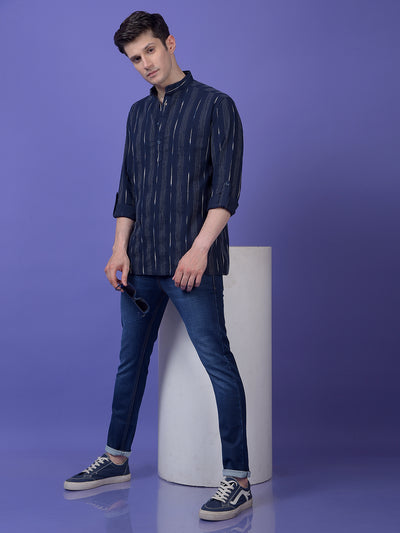 Navy Blue Vertical Stripes 100% Cotton Kurta