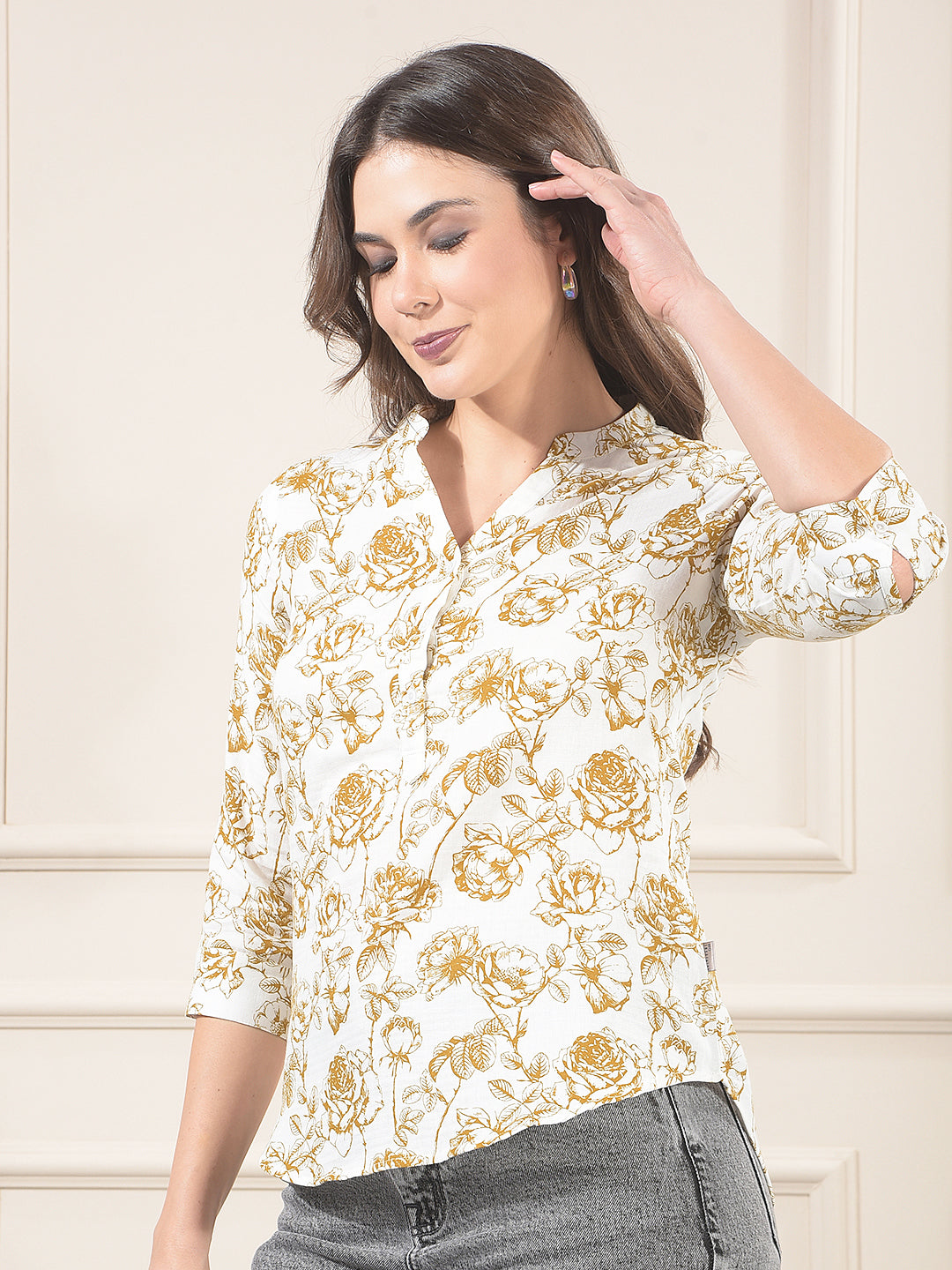 Olive Floral Print V-Neck 100% Cotton Top