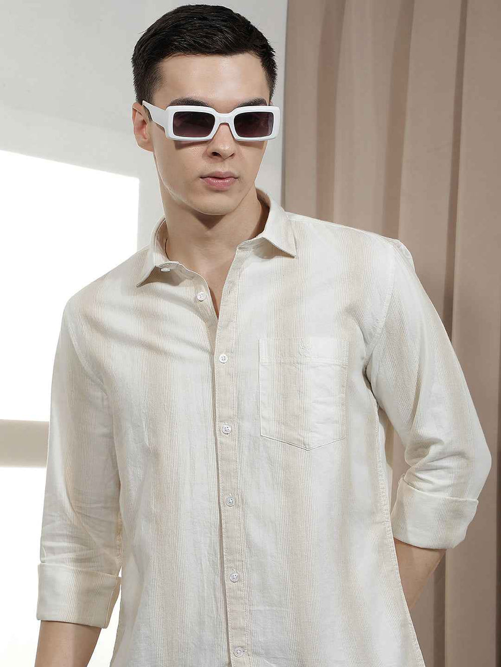 Beige Vertical Stripes 100% Cotton Shirt