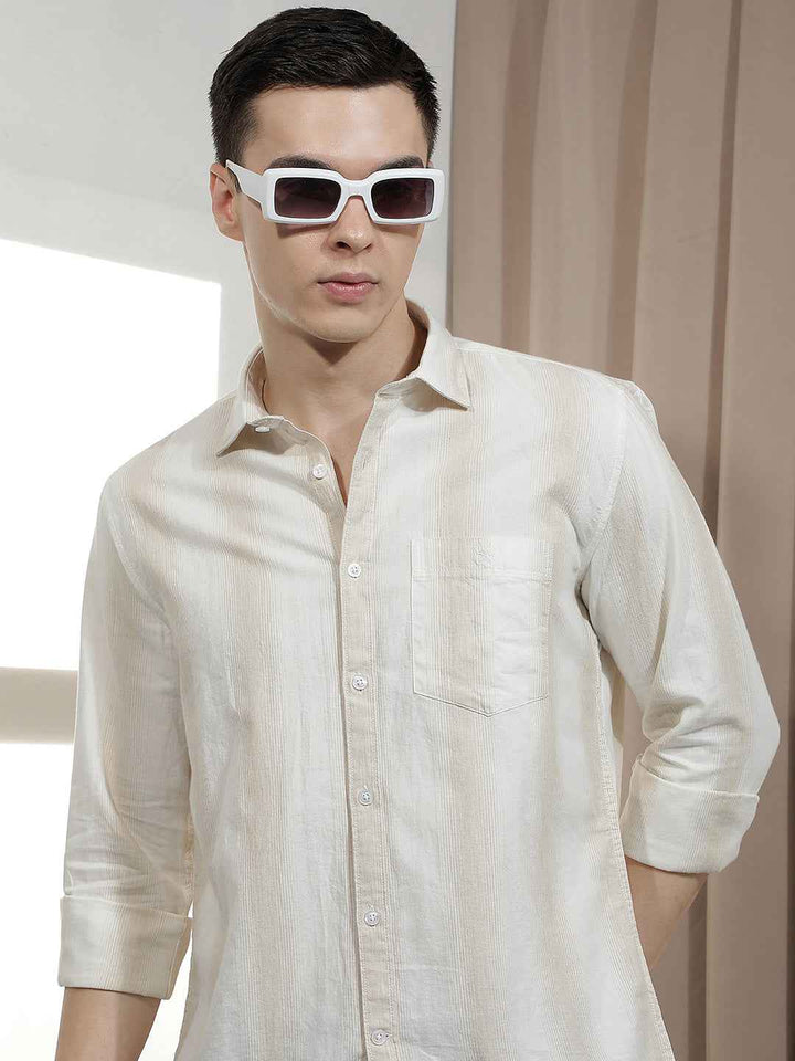 Beige Vertical Stripes 100% Cotton Shirt
