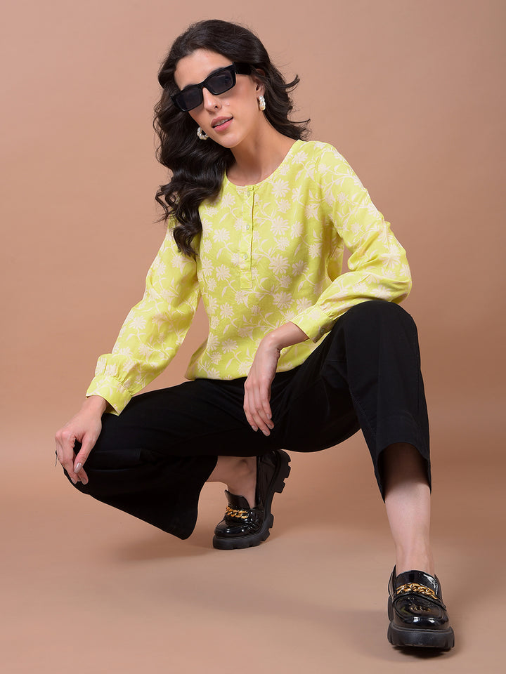 Green Floral Print Linen Top