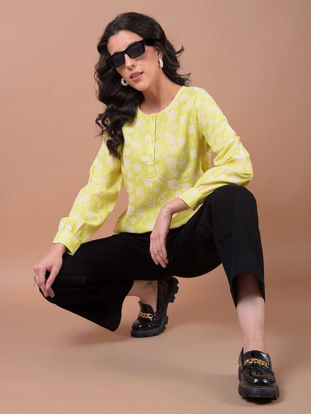 Green Floral Print Linen Top