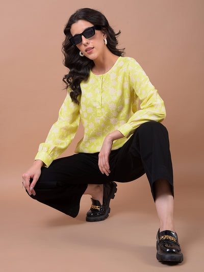 Green Floral Print Linen Top
