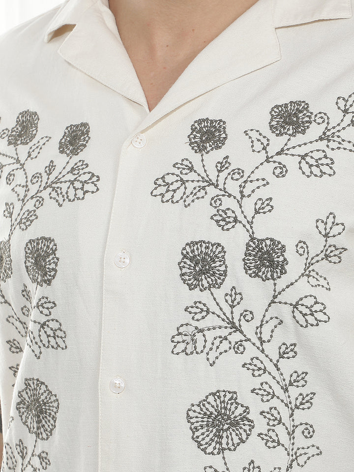 Beige Floral Cuban Collar Linen Shirt
