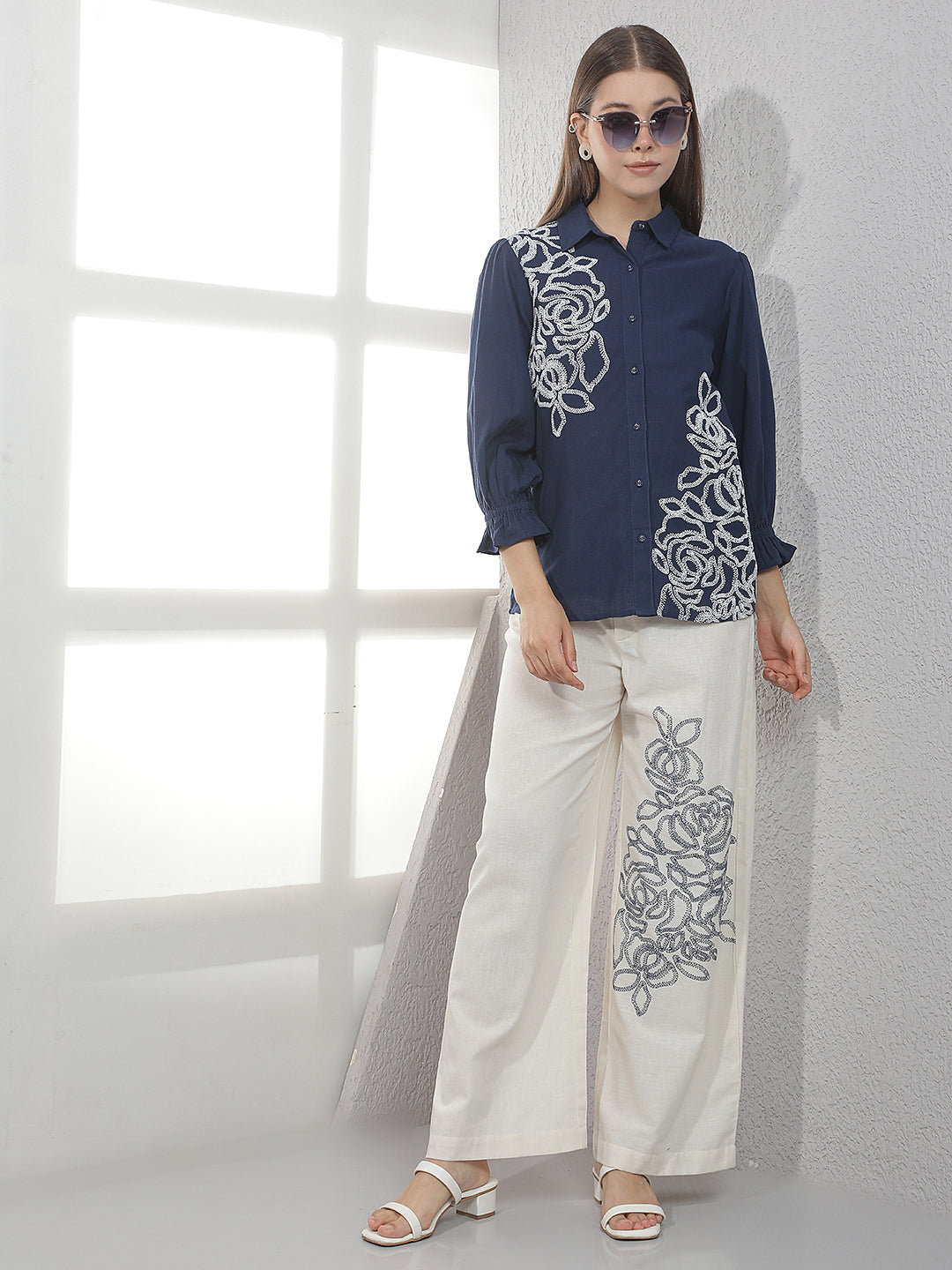 Off White Embroidered Casual Trousers