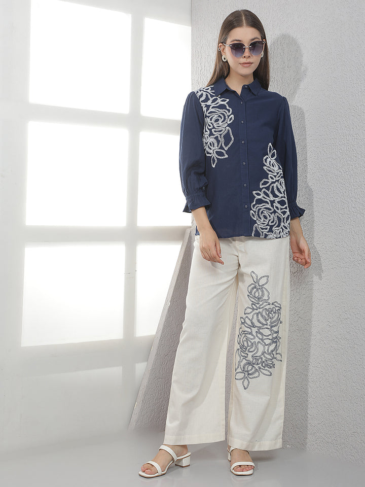 Off White Embroidered Casual Trousers