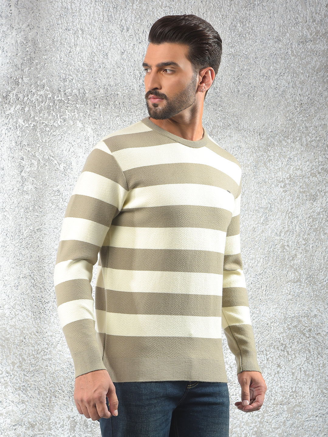 Beige Horizontal Stripes Sweater