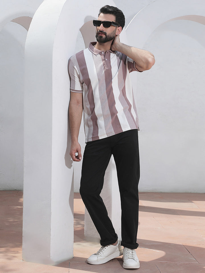 Purple Vertical Striped Polo Neck T-Shirt