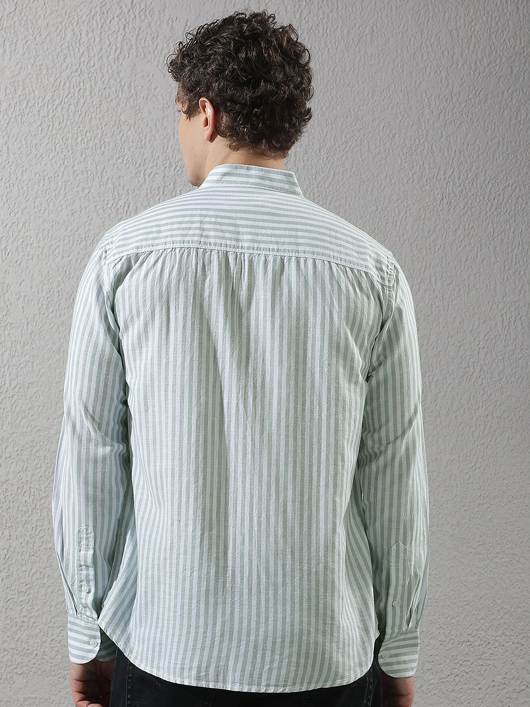 Green Linen Verical Stripes Shirt
