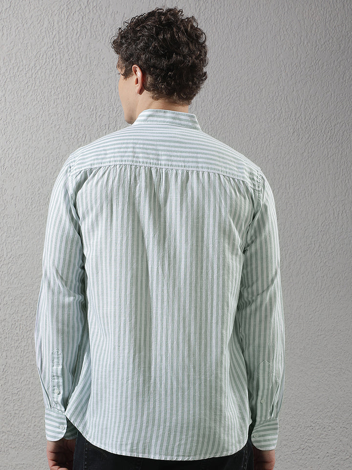 Green Linen Verical Stripes Shirt