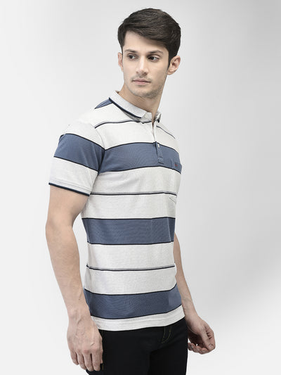 Off White Horizontal Stripes Polo Neck T-Shirt