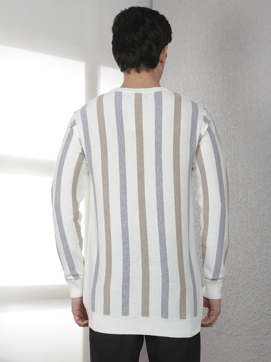 Beige 100% Cotton Verical Stripes Round Neck Sweater