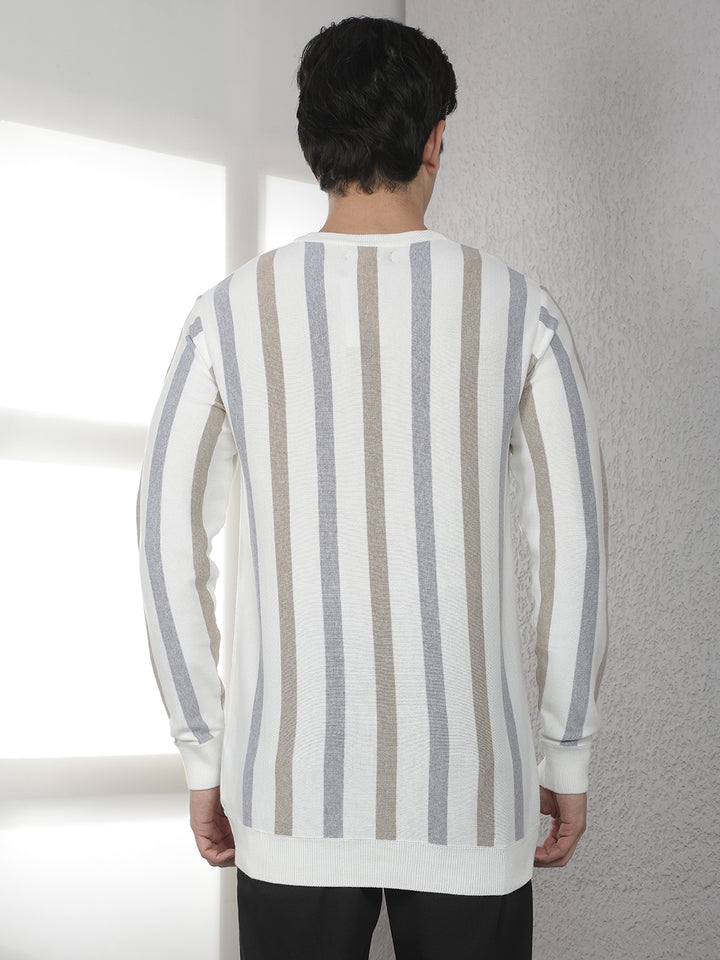 Beige 100% Cotton Verical Stripes Round Neck Sweater