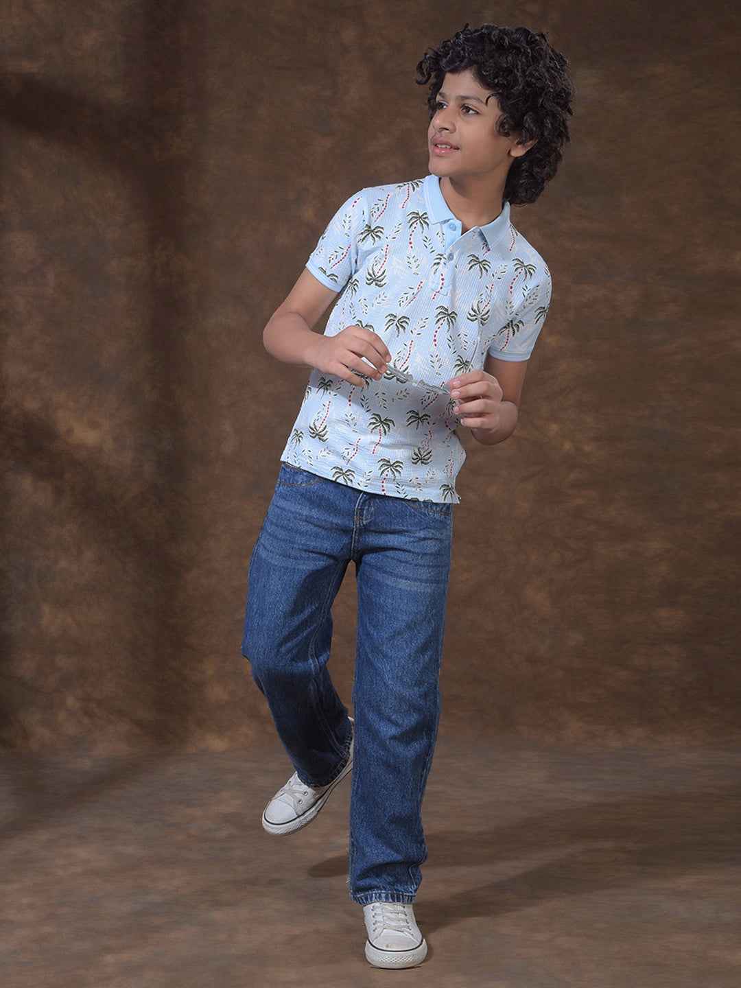 Blue Floral Print Polo Neck T-Shirt