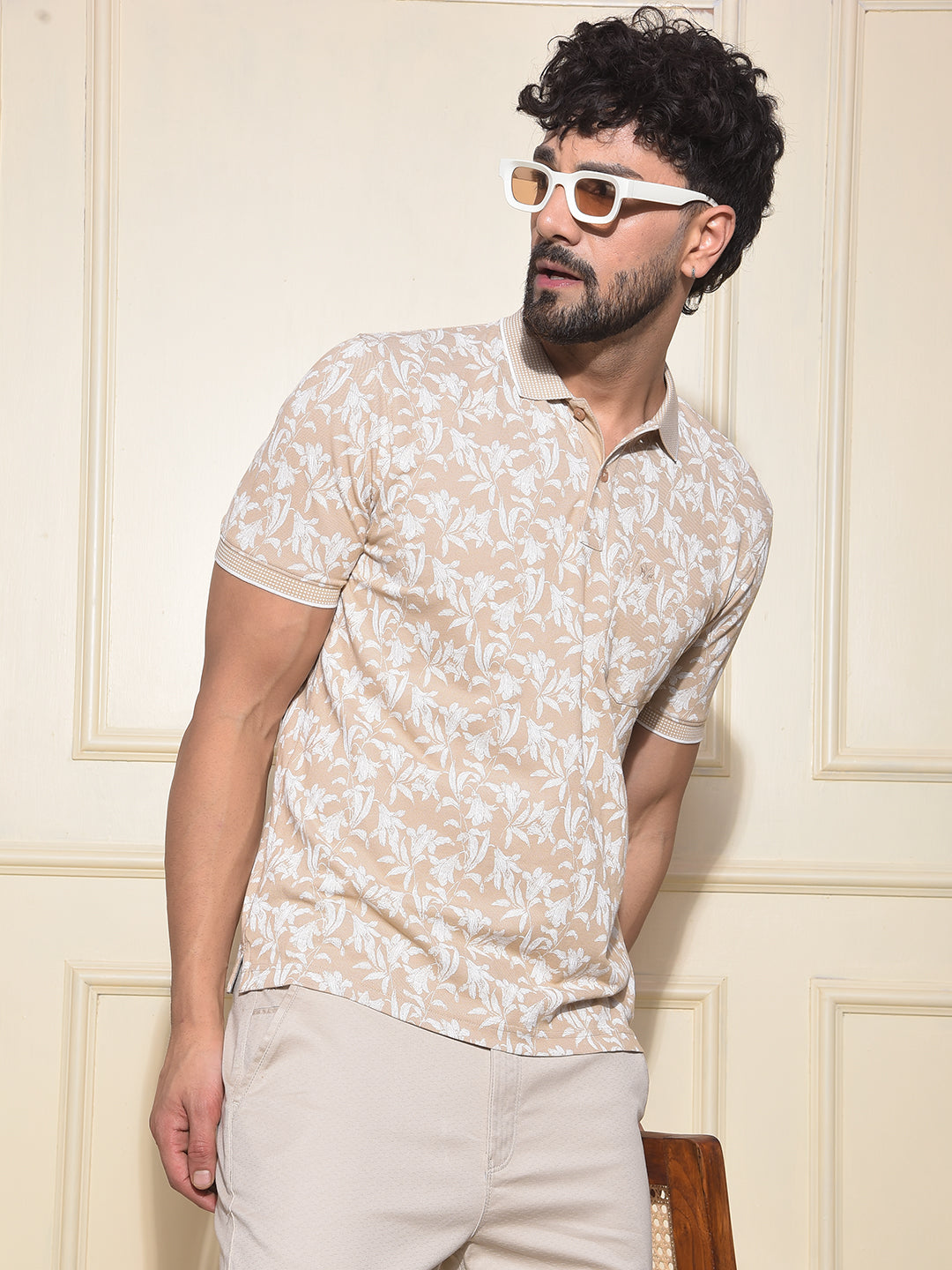Beige Floral Print Polo-Neck T-Shirt